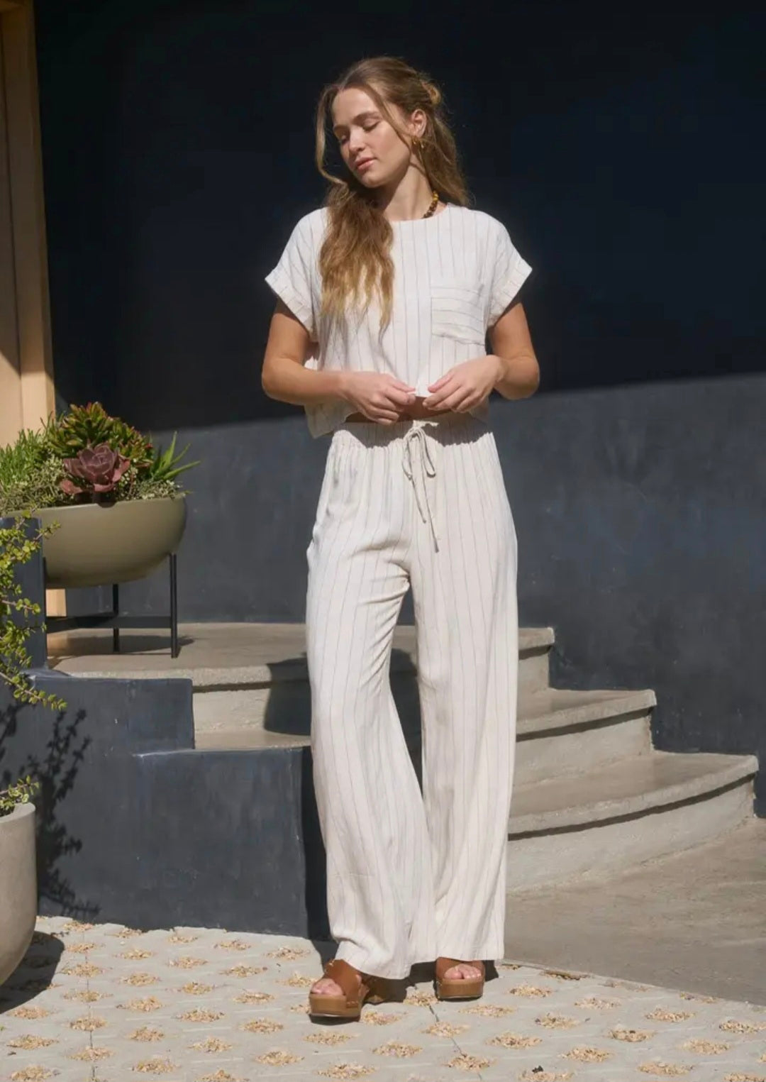 Drawstring Pinstripe Wide Leg Linen Pants