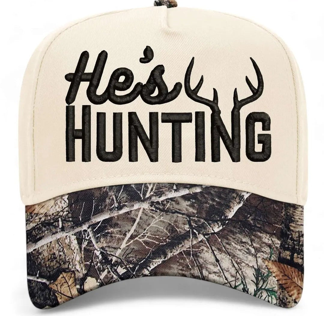 "He's Hunting" Cream/Camo Hat