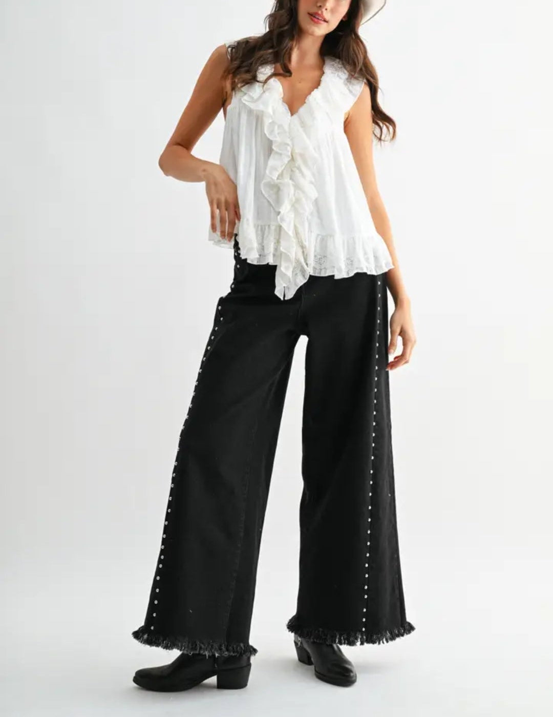 Black Wide-Leg Denim Stud Pants
