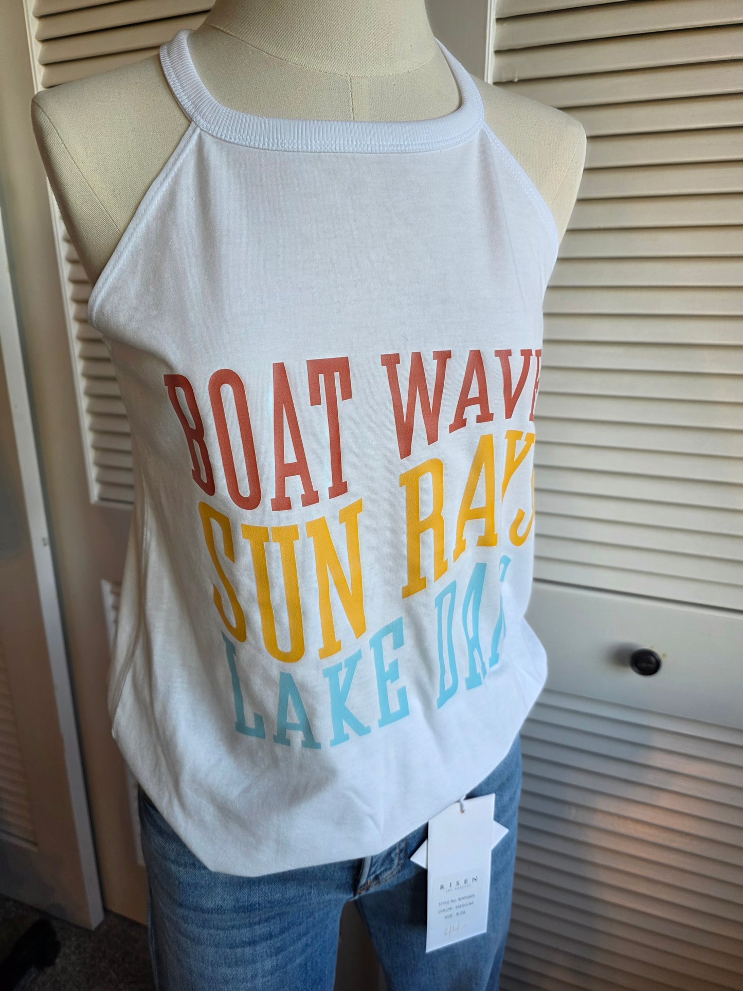 Boat Waves Sun Rays and Lake Days Graphic Mock Tank