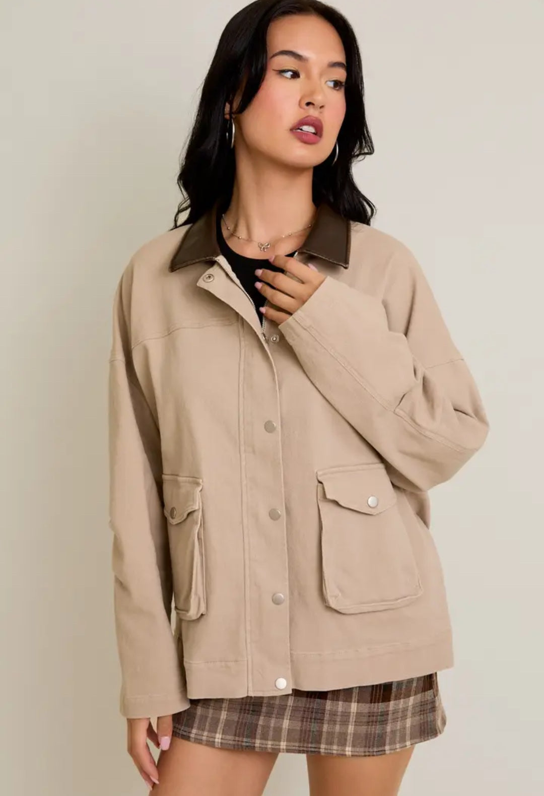 Washed Barn Jacket with Leather Collar- Oversized