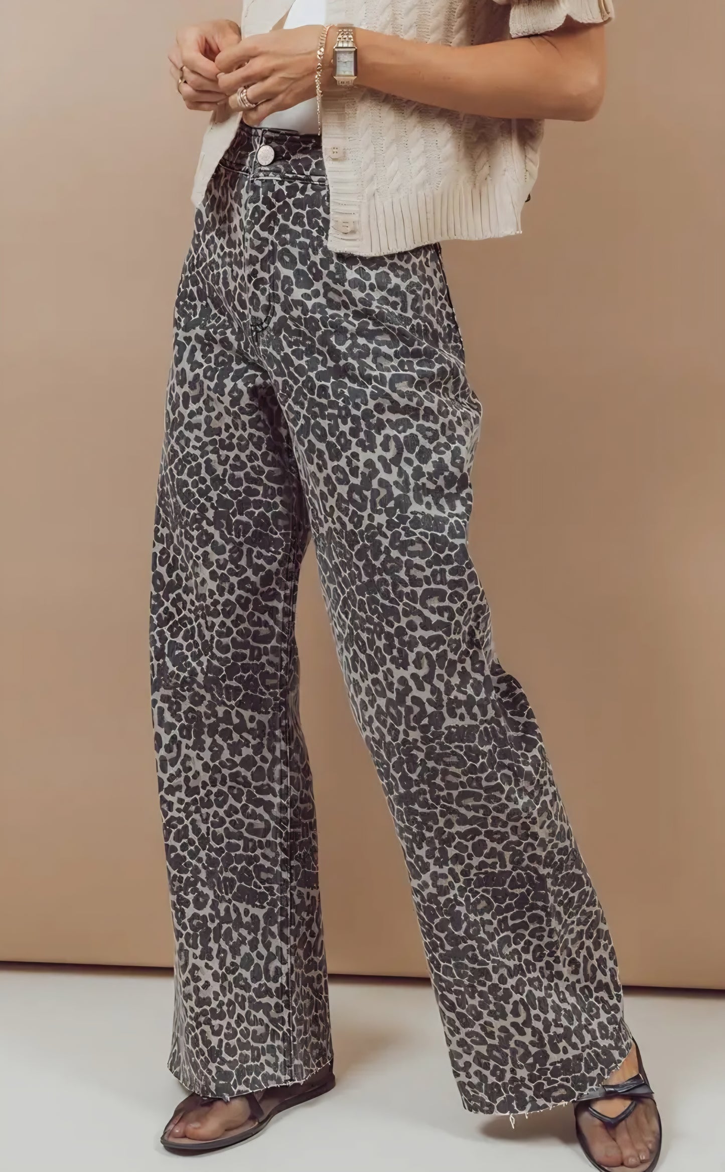 Raw Hem Wide Leg Western Leopard Jeans