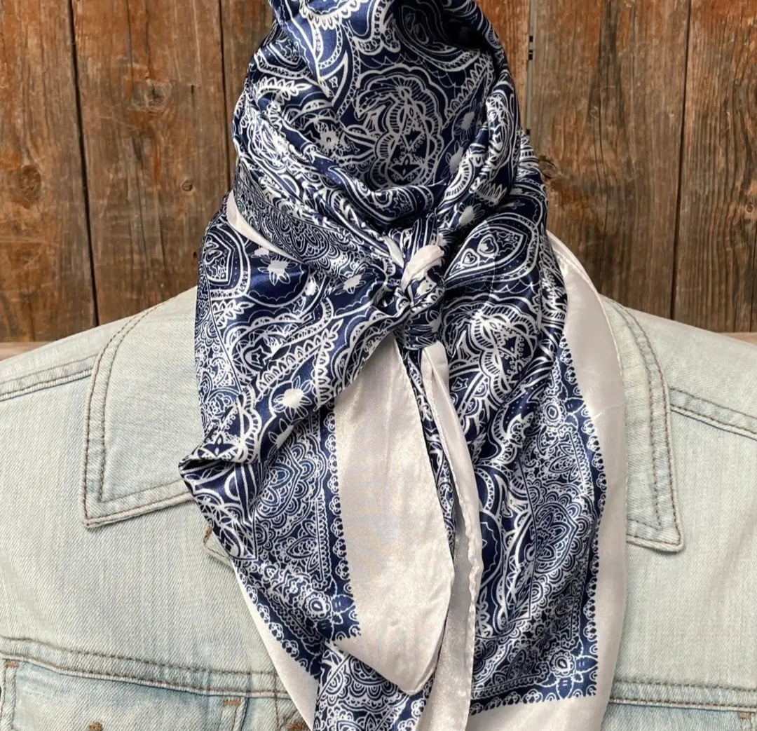 Blue and White Floral Paisley Wild Rag / Scarf 35X35"