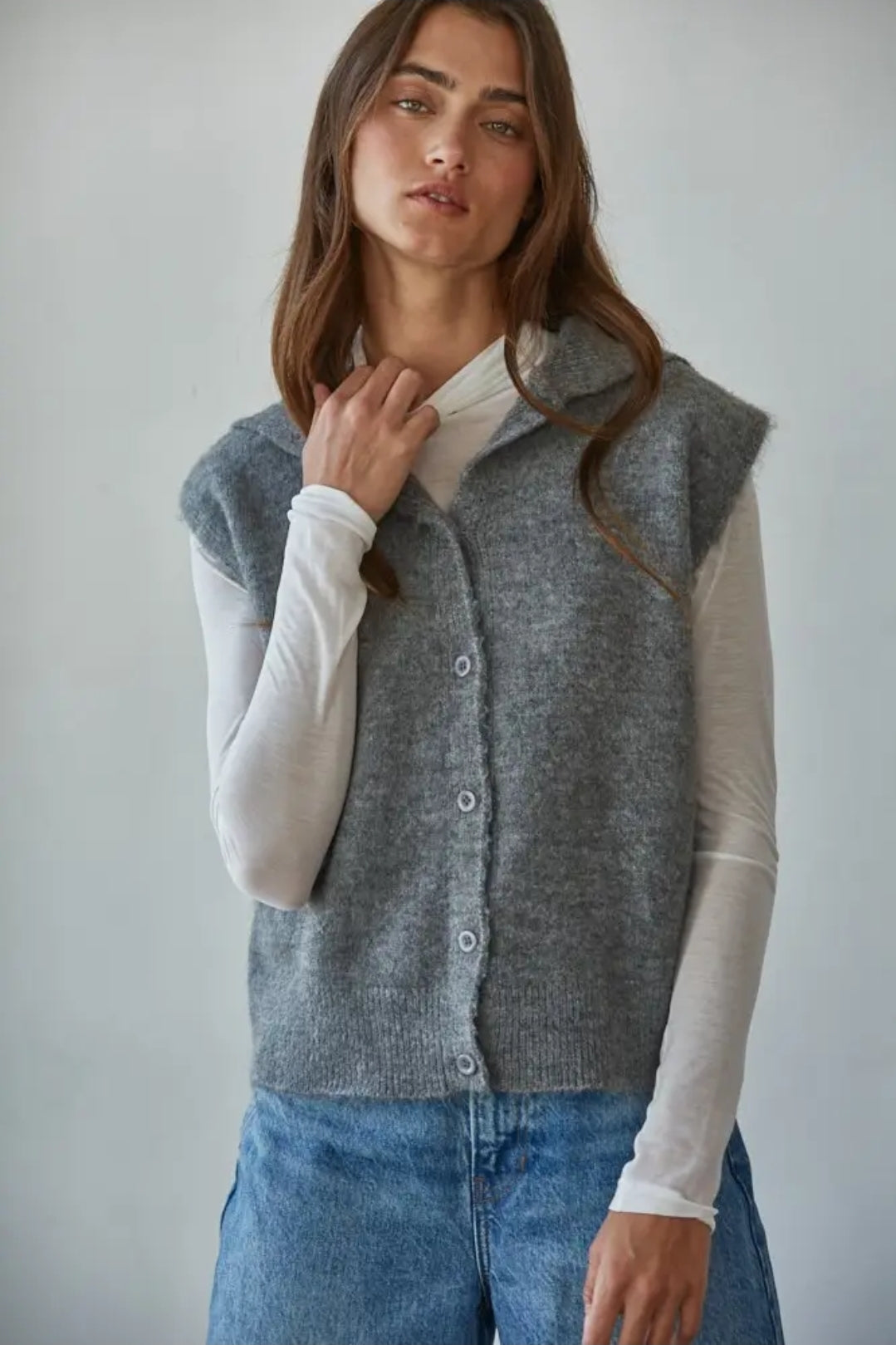 Knit Sweater Collar Neck Button Down Sleeveless Vest