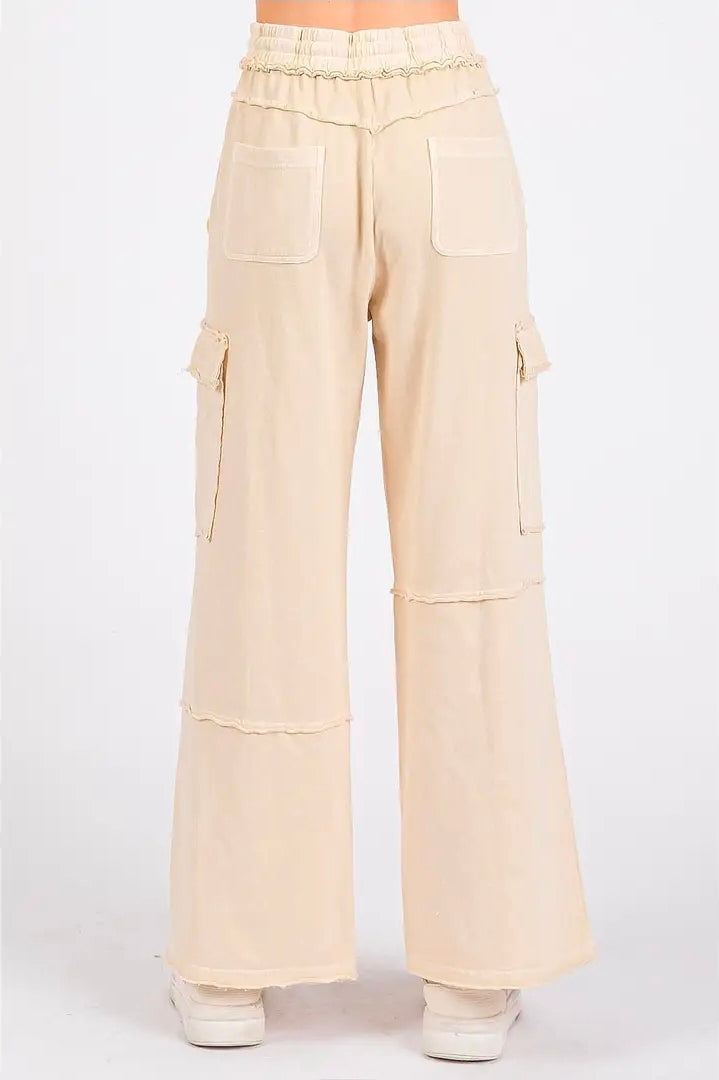 Mineral Wash Elastic Waist Cargo Wide Leg Pants