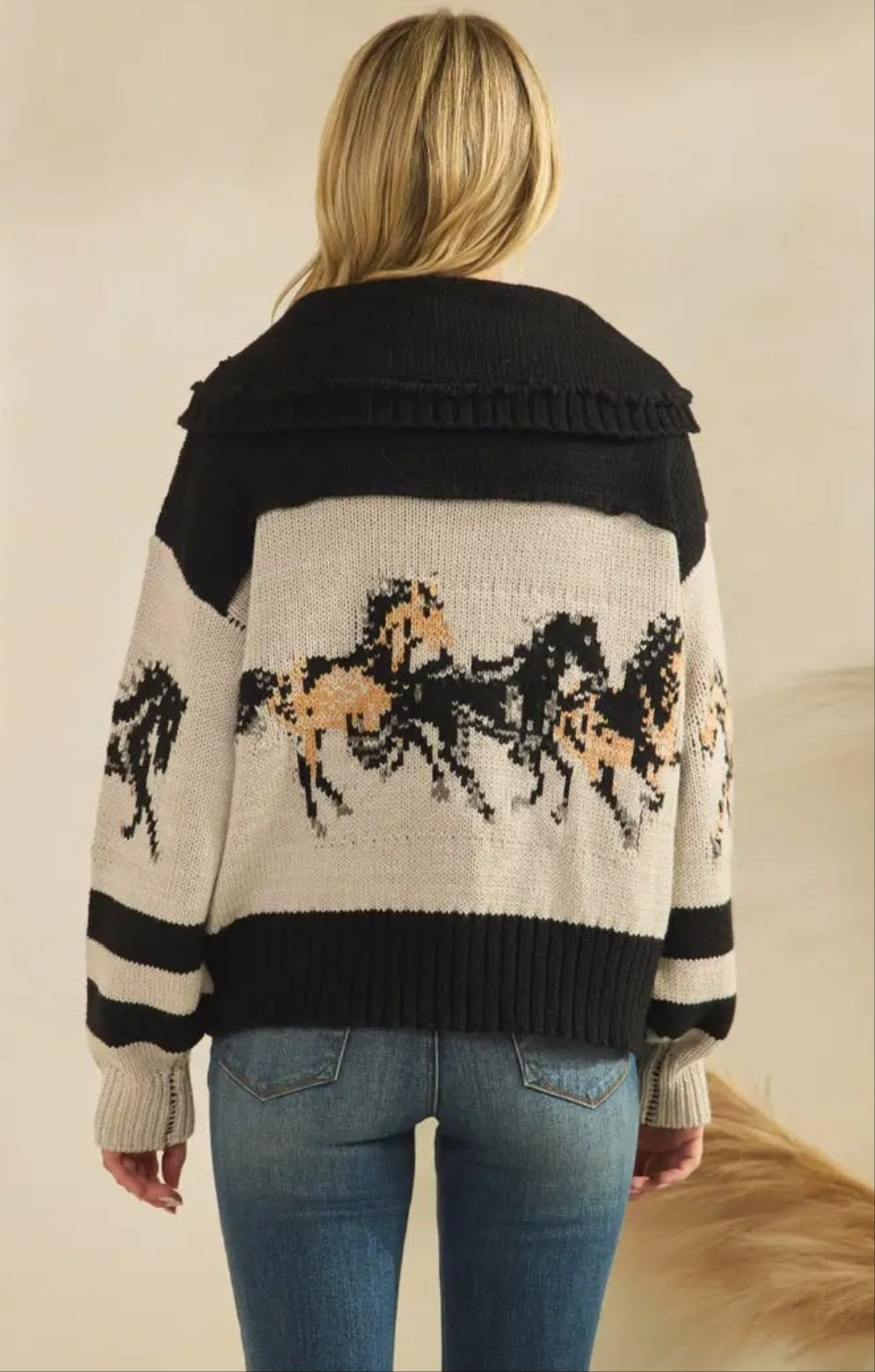 B&W Horse Print Cardigan Sweater