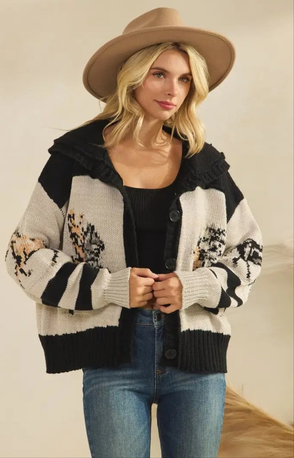 B&W Horse Print Cardigan Sweater