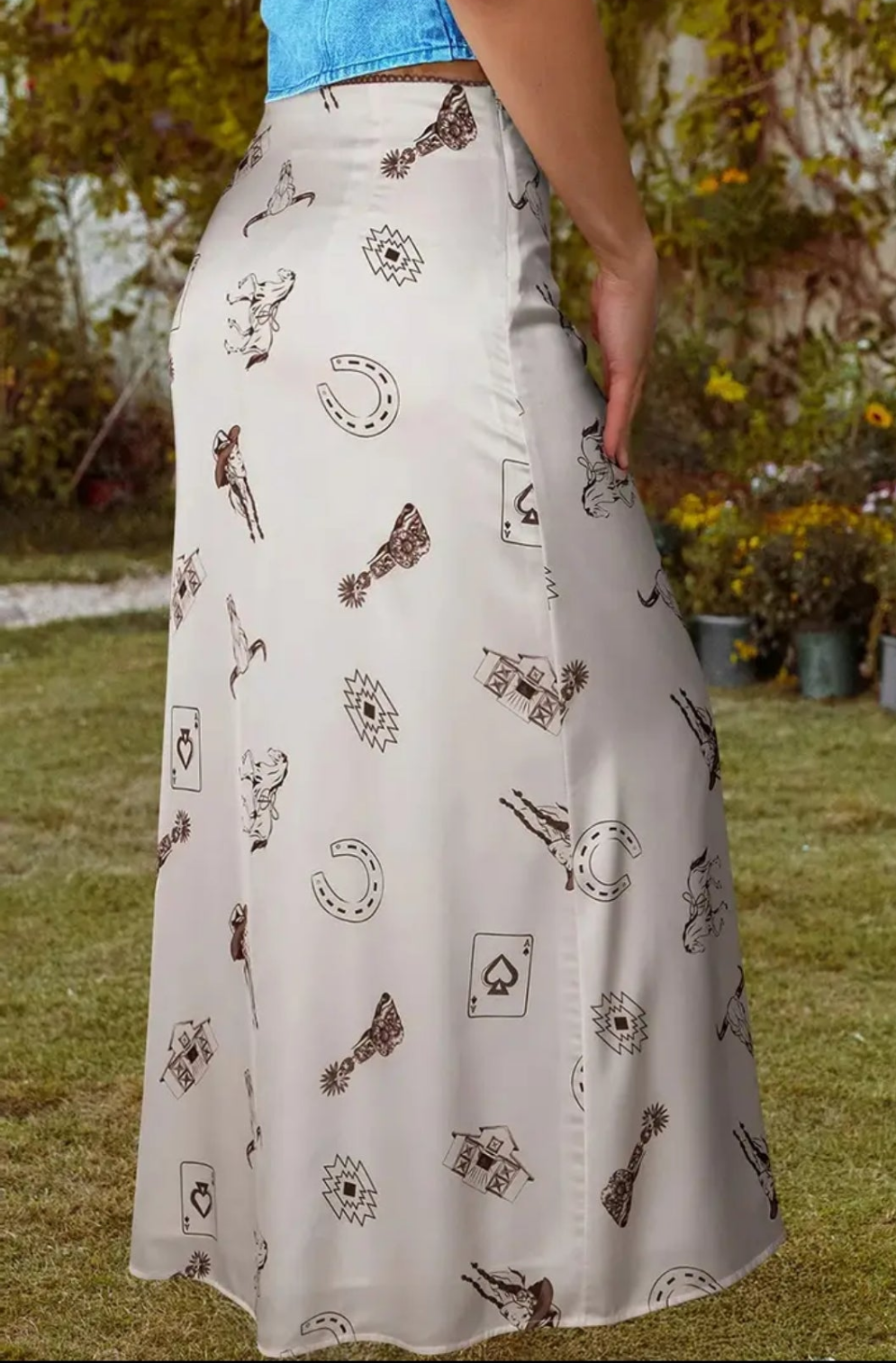 Western Print Satin Long Skirt