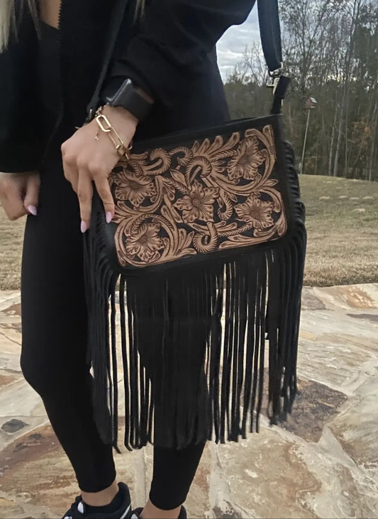 Fringe Tooled Leather Crossbody Bag