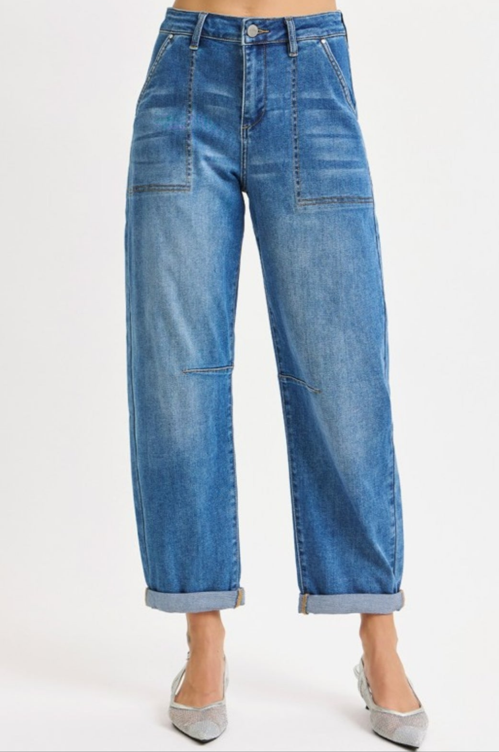 RISEN Mid Rise Fit Barrel Relaxed Patch Pocket Jeans