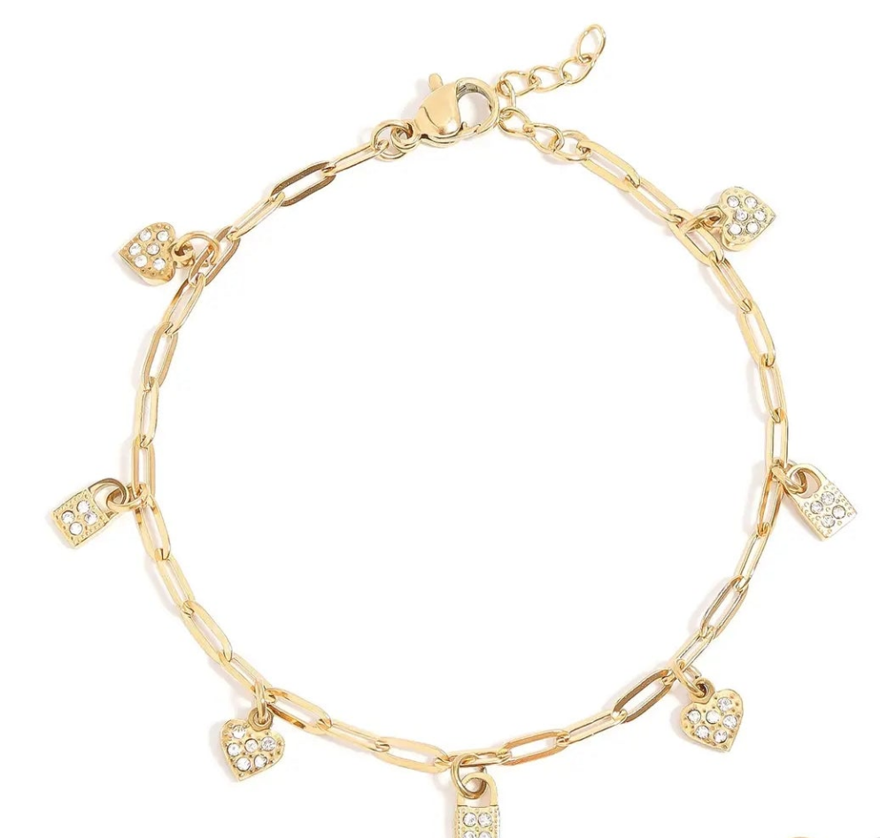 Heart & Lock Charm Bracelet /18K Gold Pvd Stainless Steel