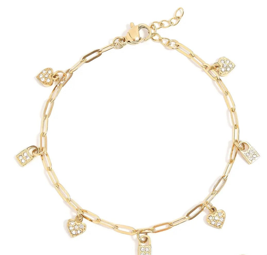 Heart & Lock Charm Bracelet /18K Gold Pvd Stainless Steel