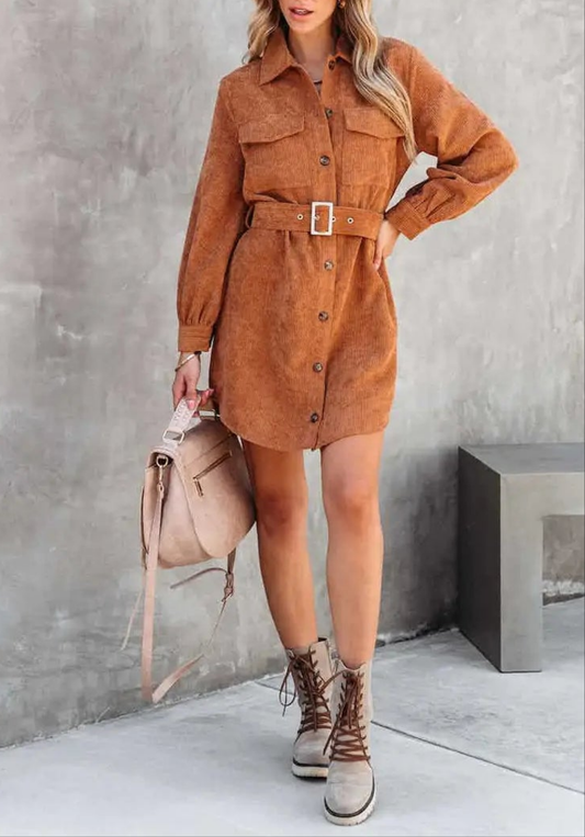 Corduroy Button Down Shirt Mini Dress with Belt