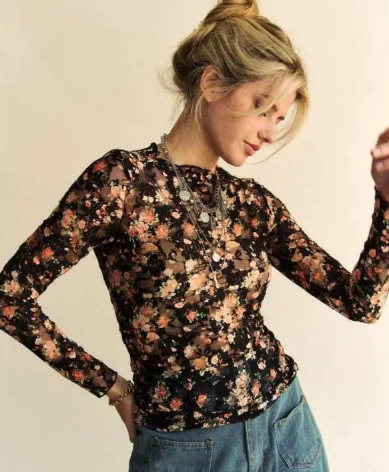 Floral Print Mesh Long Sleeve Layering Top