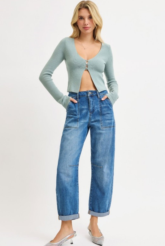 RISEN Mid Rise Fit Barrel Relaxed Patch Pocket Jeans