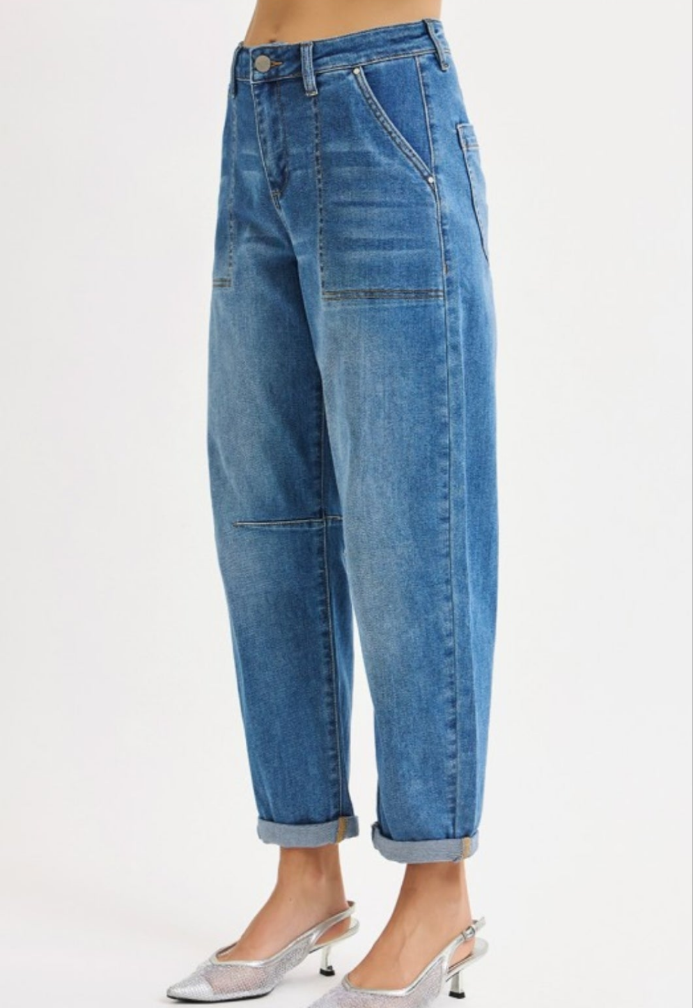RISEN Mid Rise Fit Barrel Relaxed Patch Pocket Jeans