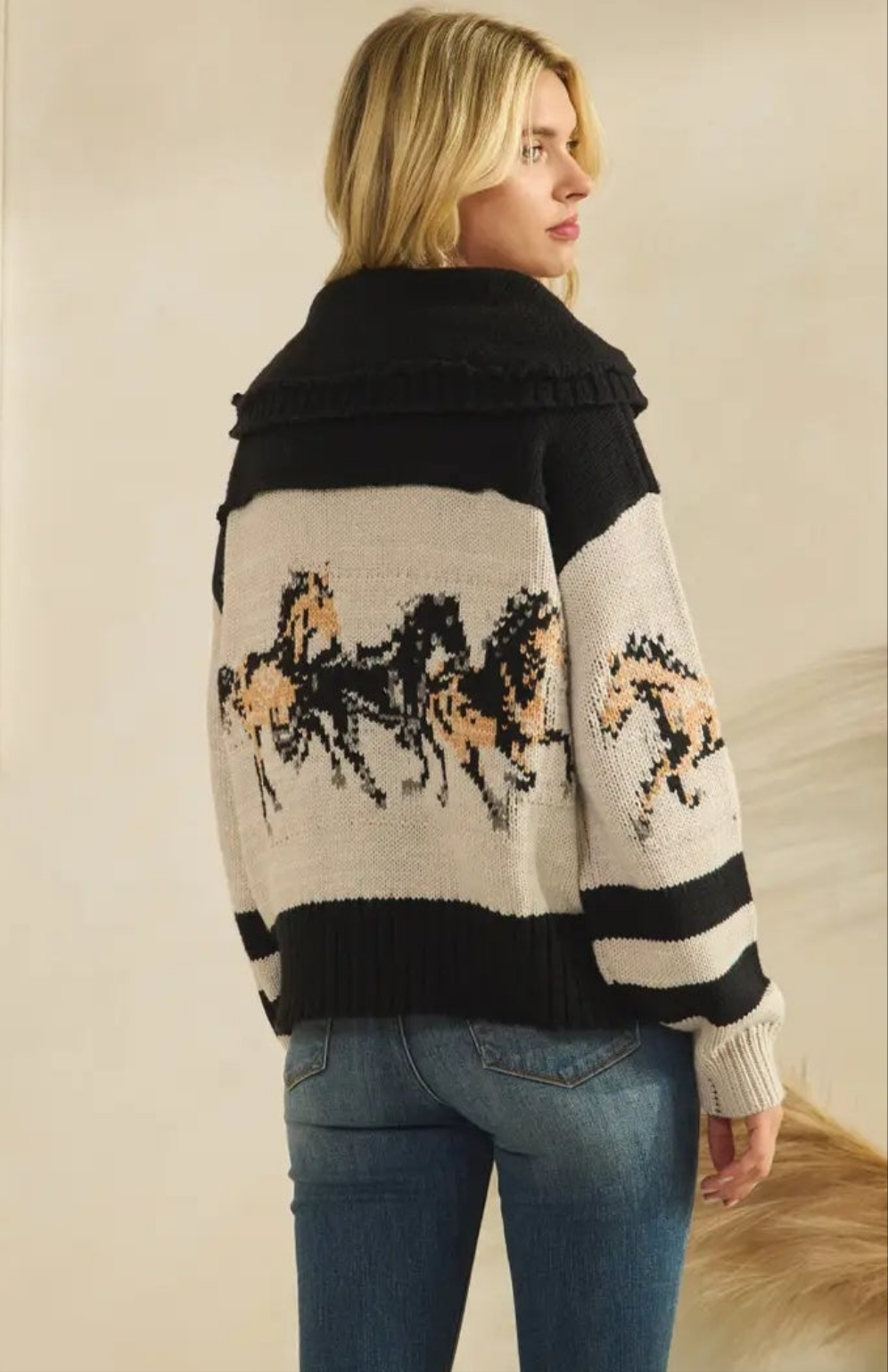 B&W Horse Print Cardigan Sweater