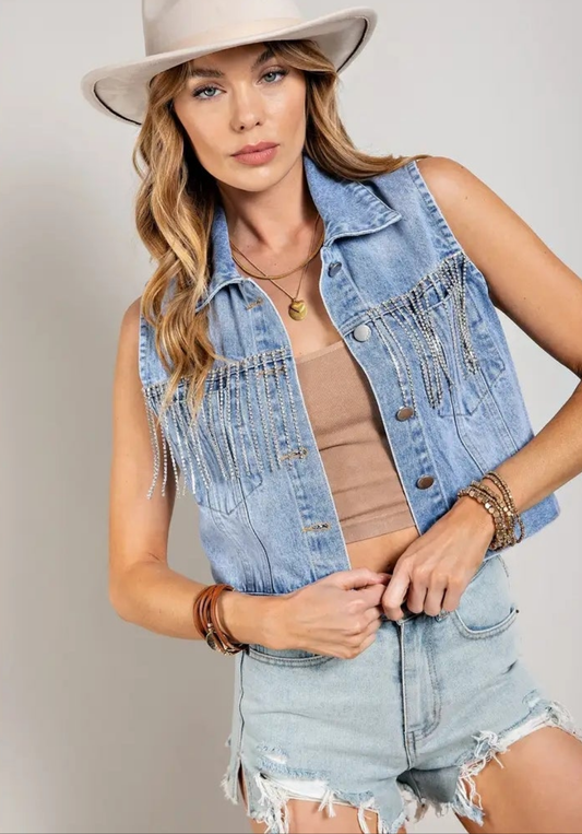 Crop Denim Vest with Rhinestone Fringe