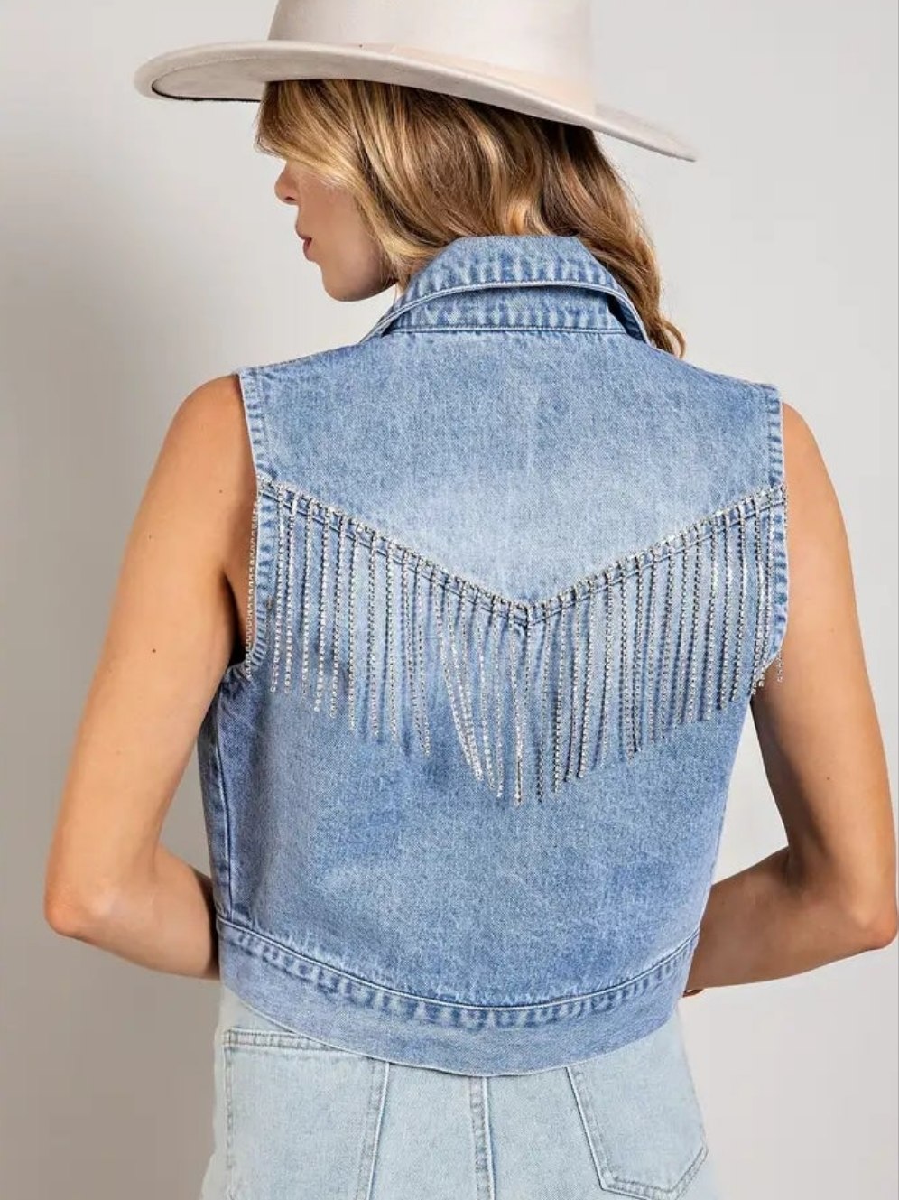Crop Denim Vest with Rhinestone Fringe