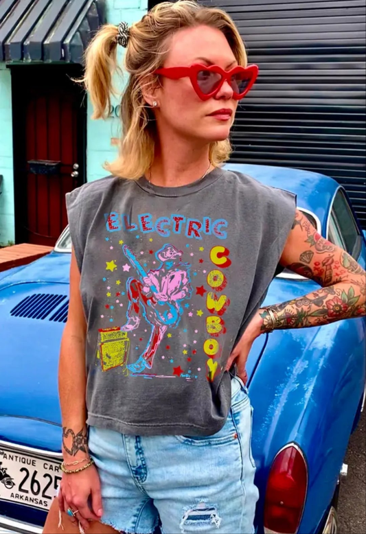 Electric Cowboy Midriff Boxy Muscle Crop Top