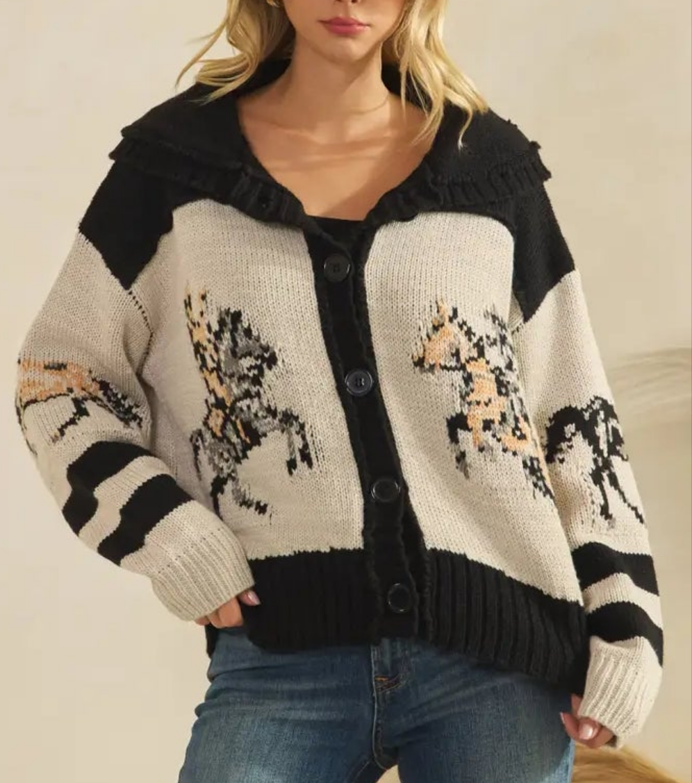 B&W Horse Print Cardigan Sweater