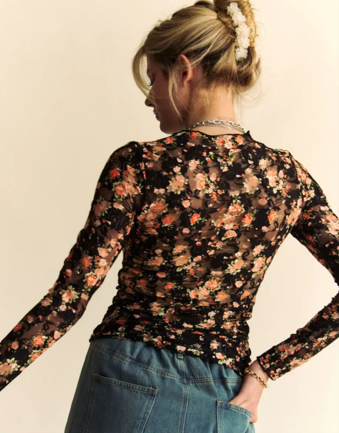 Floral Print Mesh Long Sleeve Layering Top