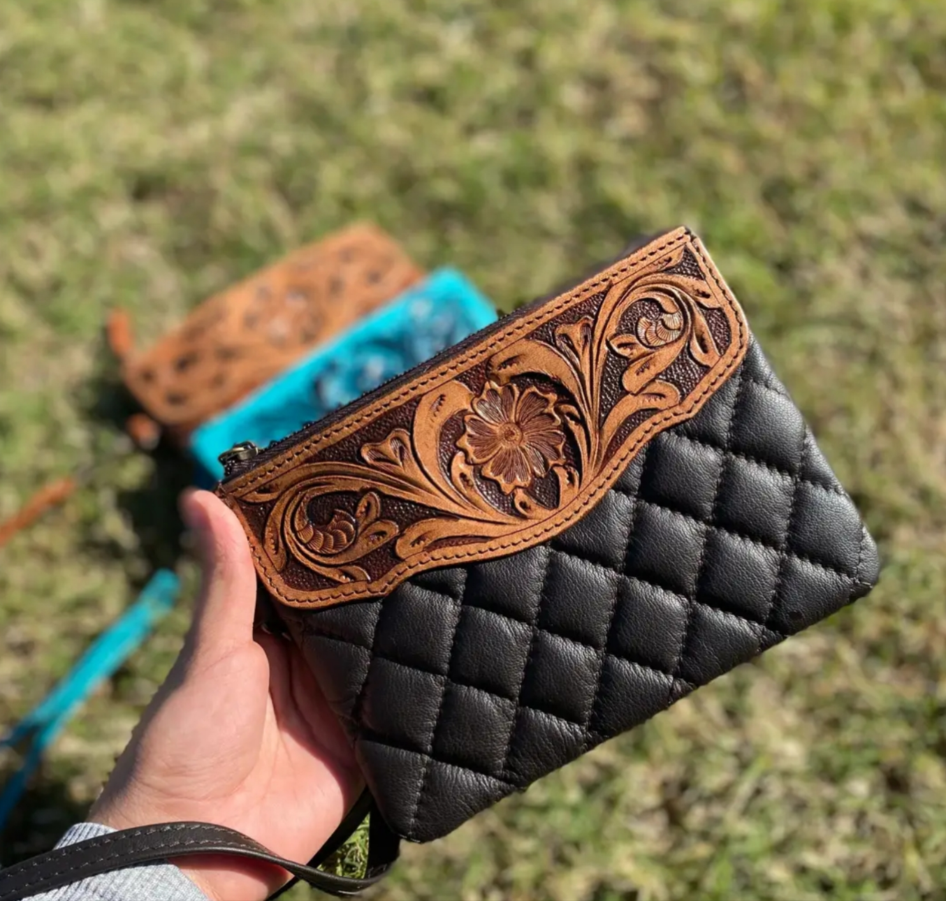 Quilted Tooled Leather Floral Wristlet Wallet