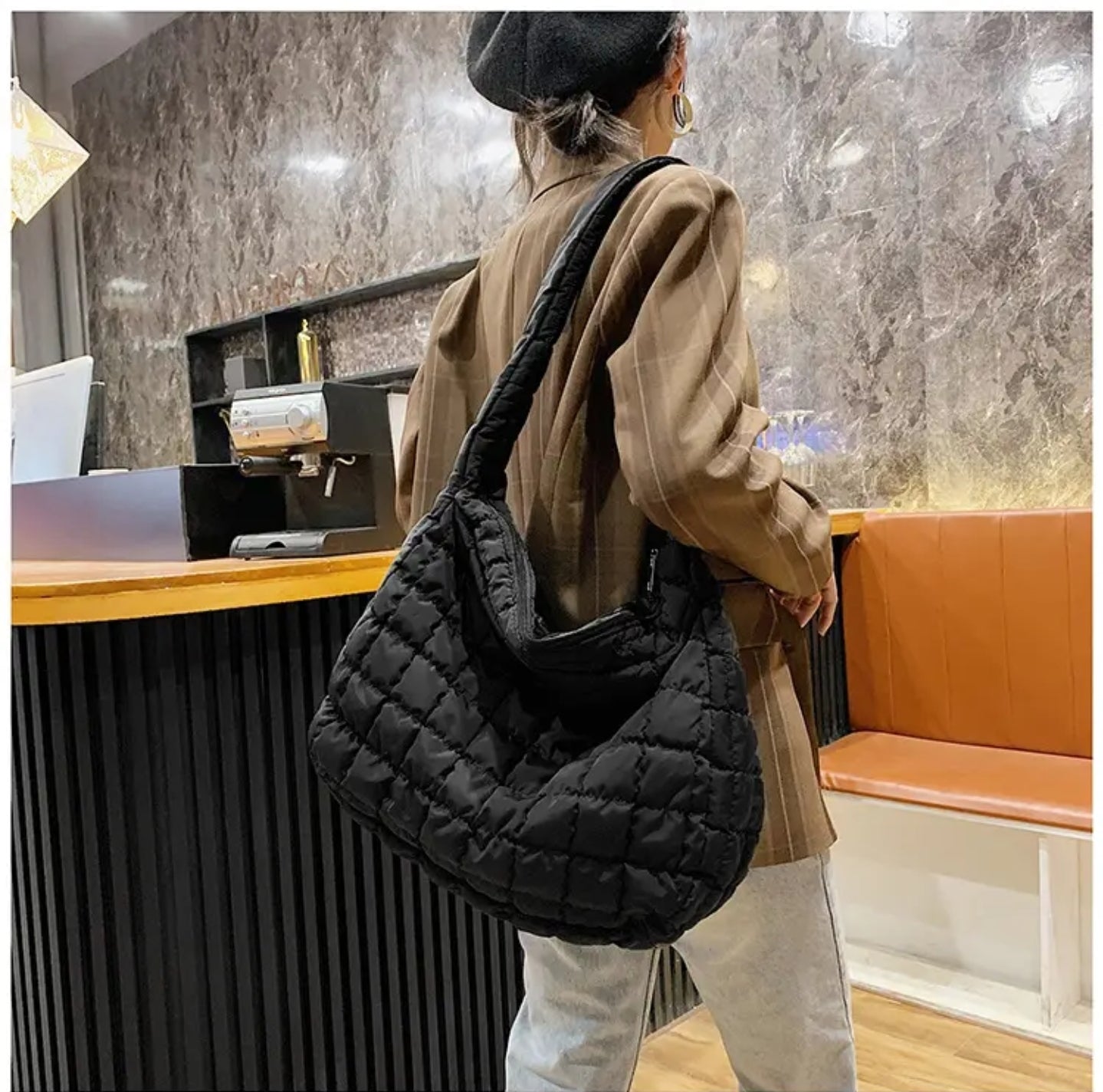 Black / Nature Quilted Zipper Shoulder Bag