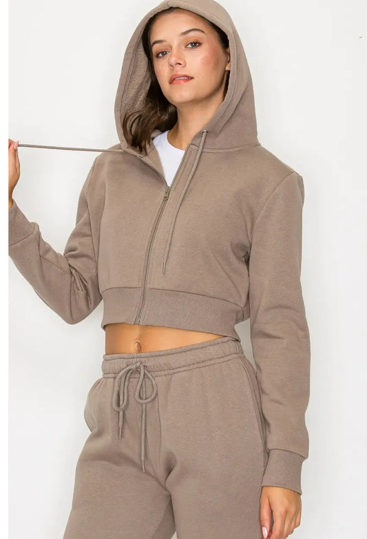 Cropped Fleece Zip-Up Hoodie Jacket