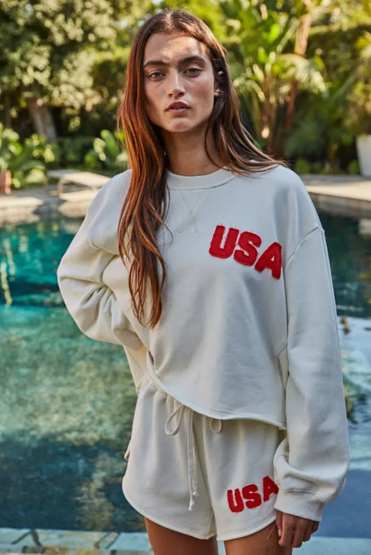 Knit Cotton Crew Pullover with USA Patch