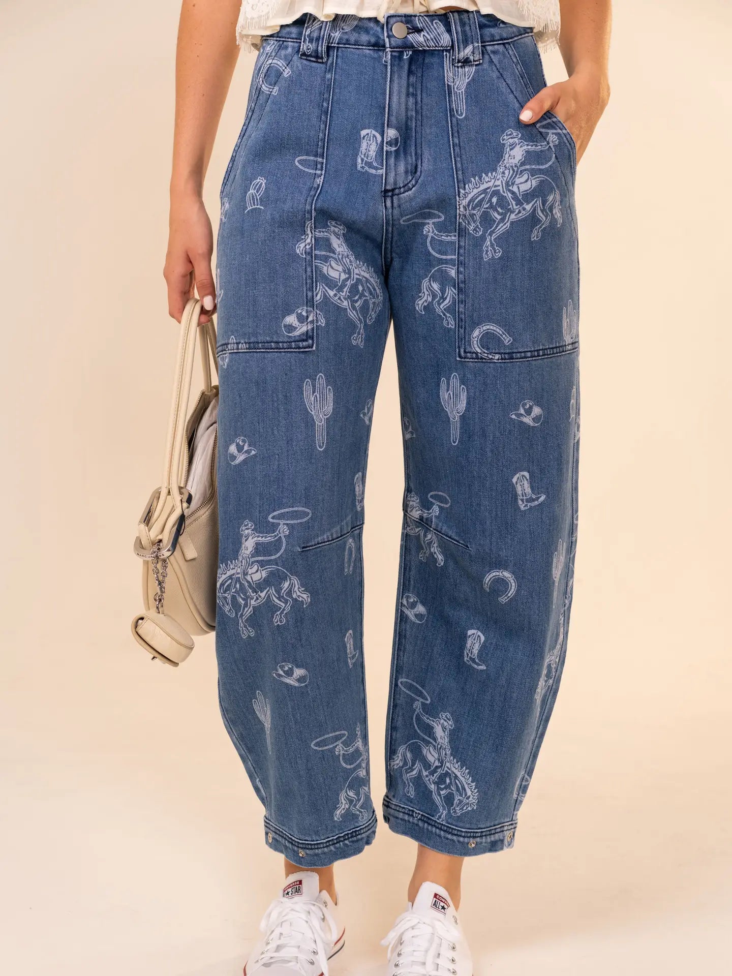 Western Print Barrel Leg Denim Jean