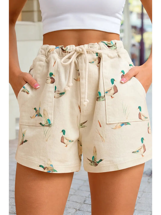 Mallard Duck Print Drawstring Relaxed Fit Shorts