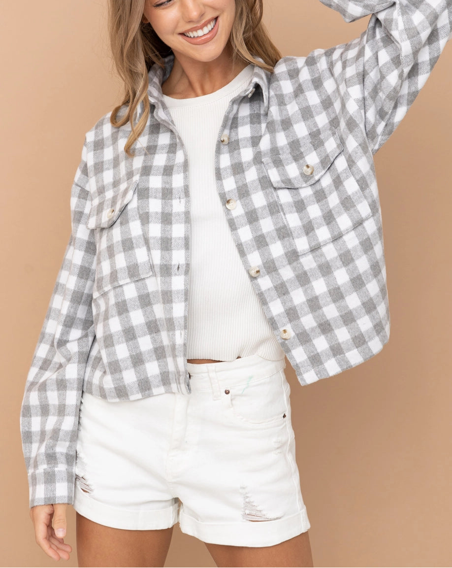 Gingham Crop Front Pocket Shirt Jacket