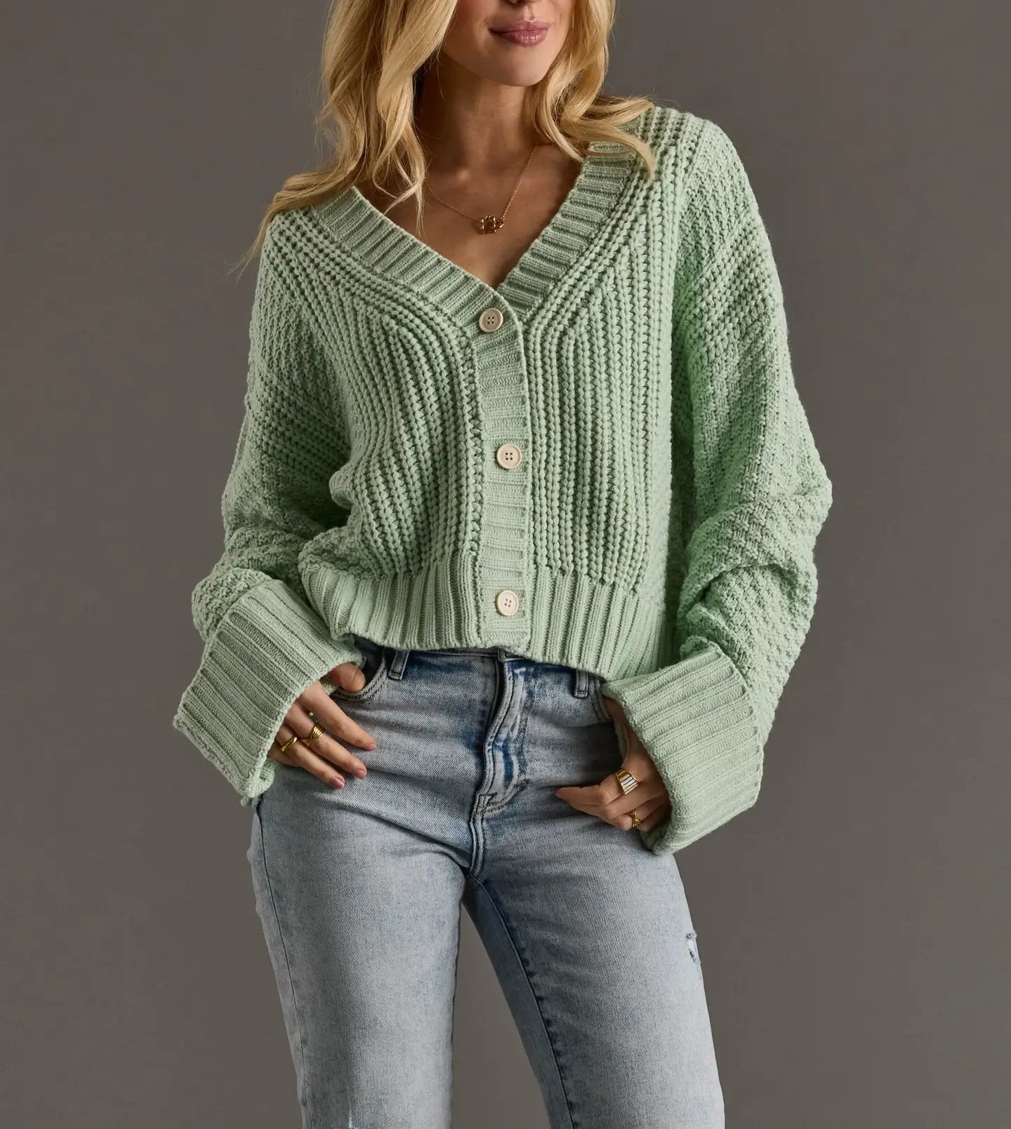 Cropped Mint Knit Button Up Cardigan