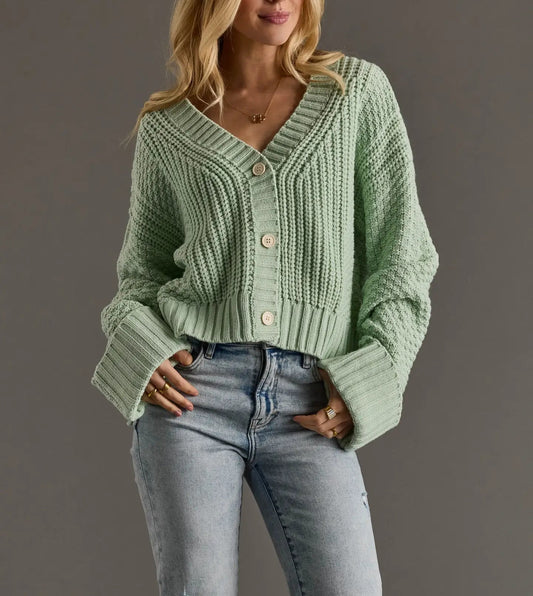 Cropped Mint Knit Button Up Cardigan