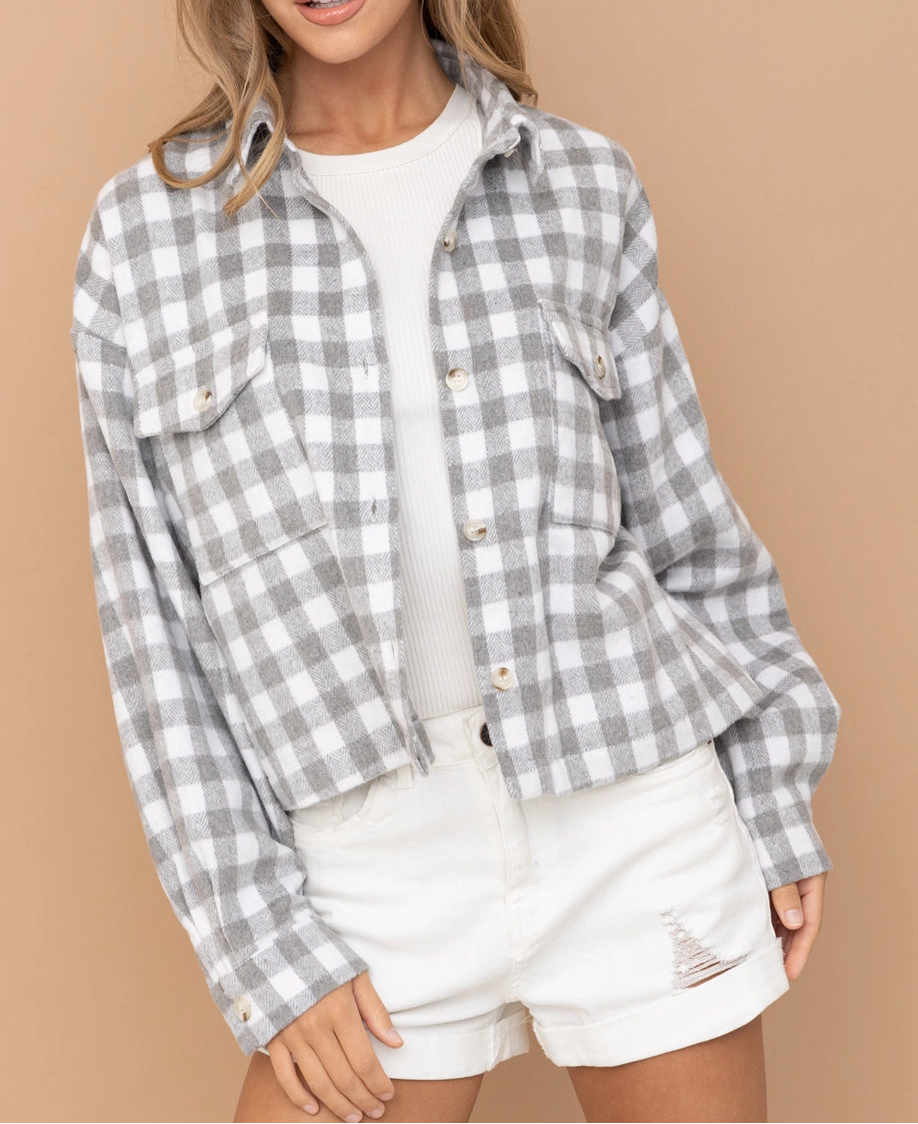 Gingham Crop Front Pocket Shirt Jacket