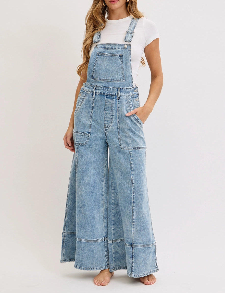 Wide-Leg Denim Overall Jumpsuit