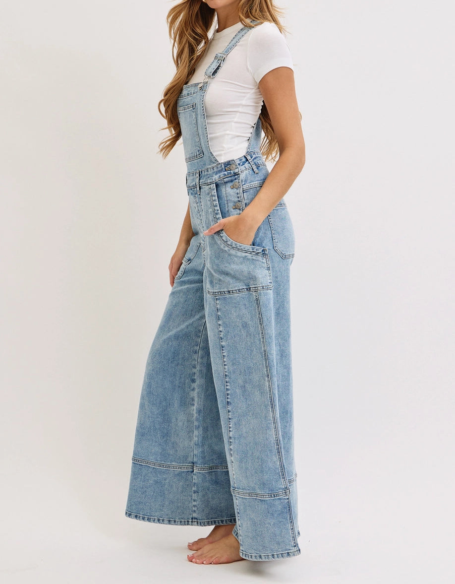 Wide-Leg Denim Overall Jumpsuit