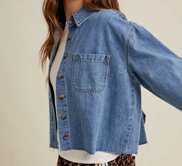 Button-Up Denim Shirt with Raw Edge
