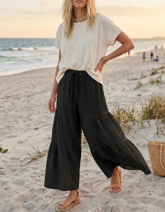 Linen Blend Tiered Wide Leg Palazzo Pants
