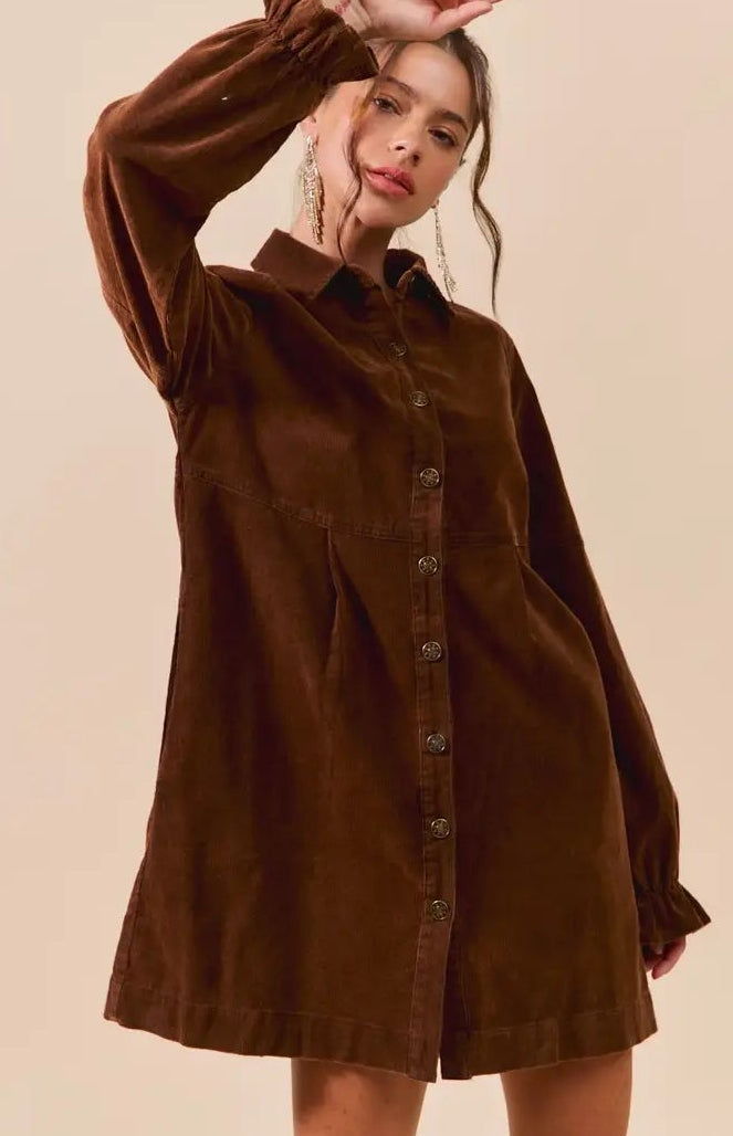 Brown Corduroy Button Down Shirt Mini Dress