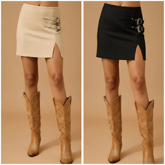 Western Buckle Detail Mini Skirt Beige/ Black