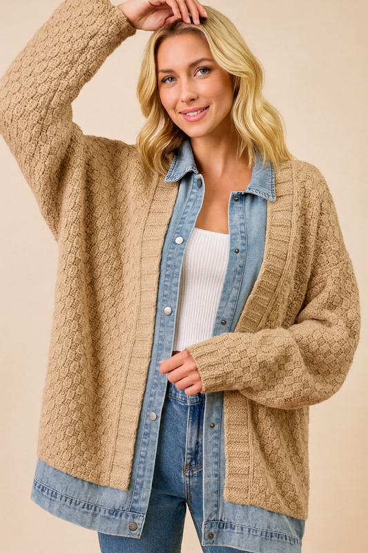 Washed Denim Mix And Match Sweater Cardigan