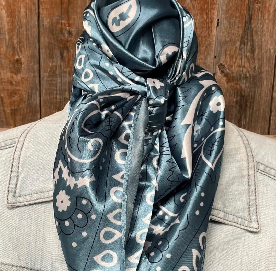 Turquoise and White Floral Paisley Wild Rag / Scarf 35X35"