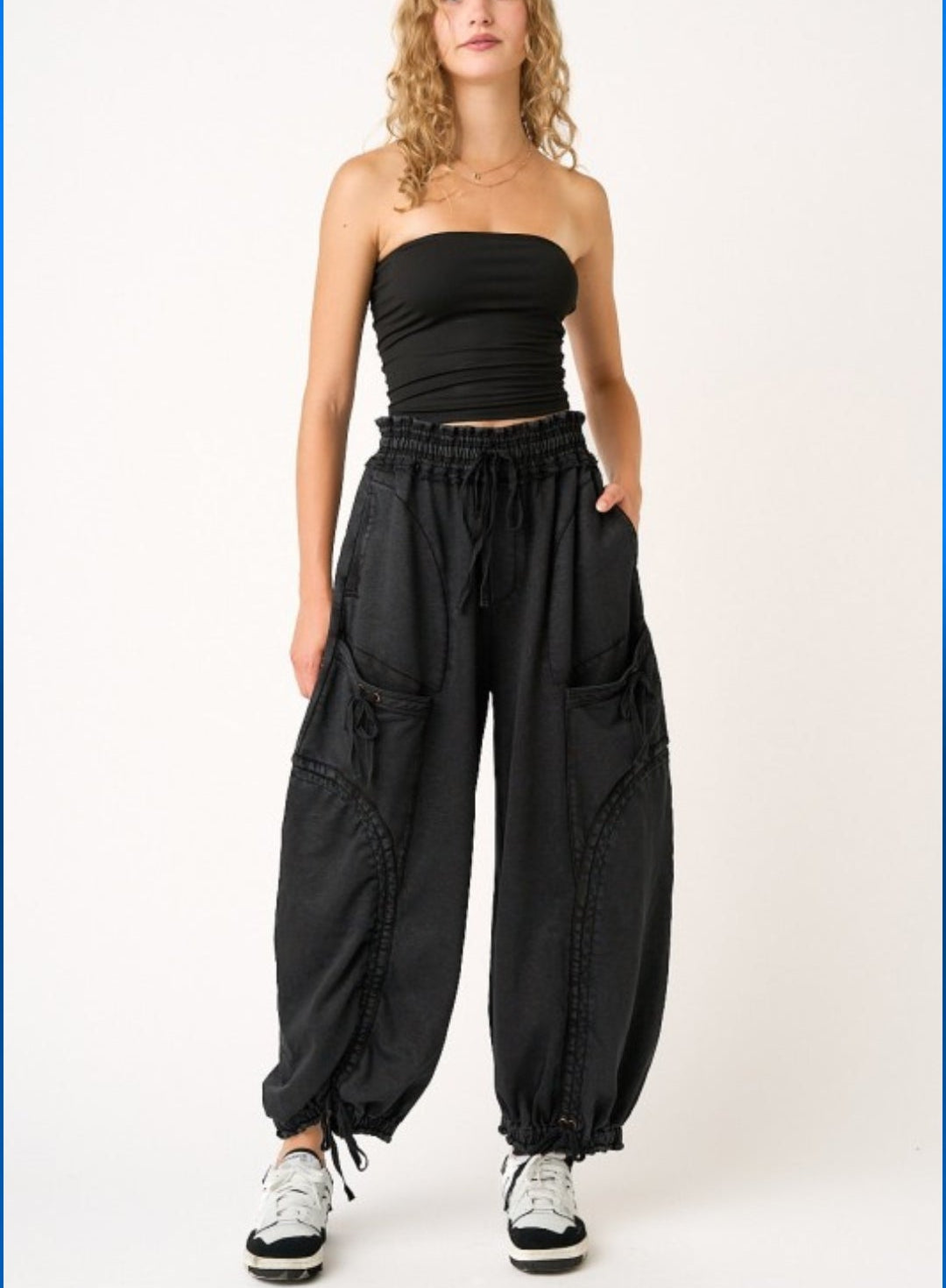 BLACK WASHED FRENCH TERRY DROP POCKET BALLOON PANTS