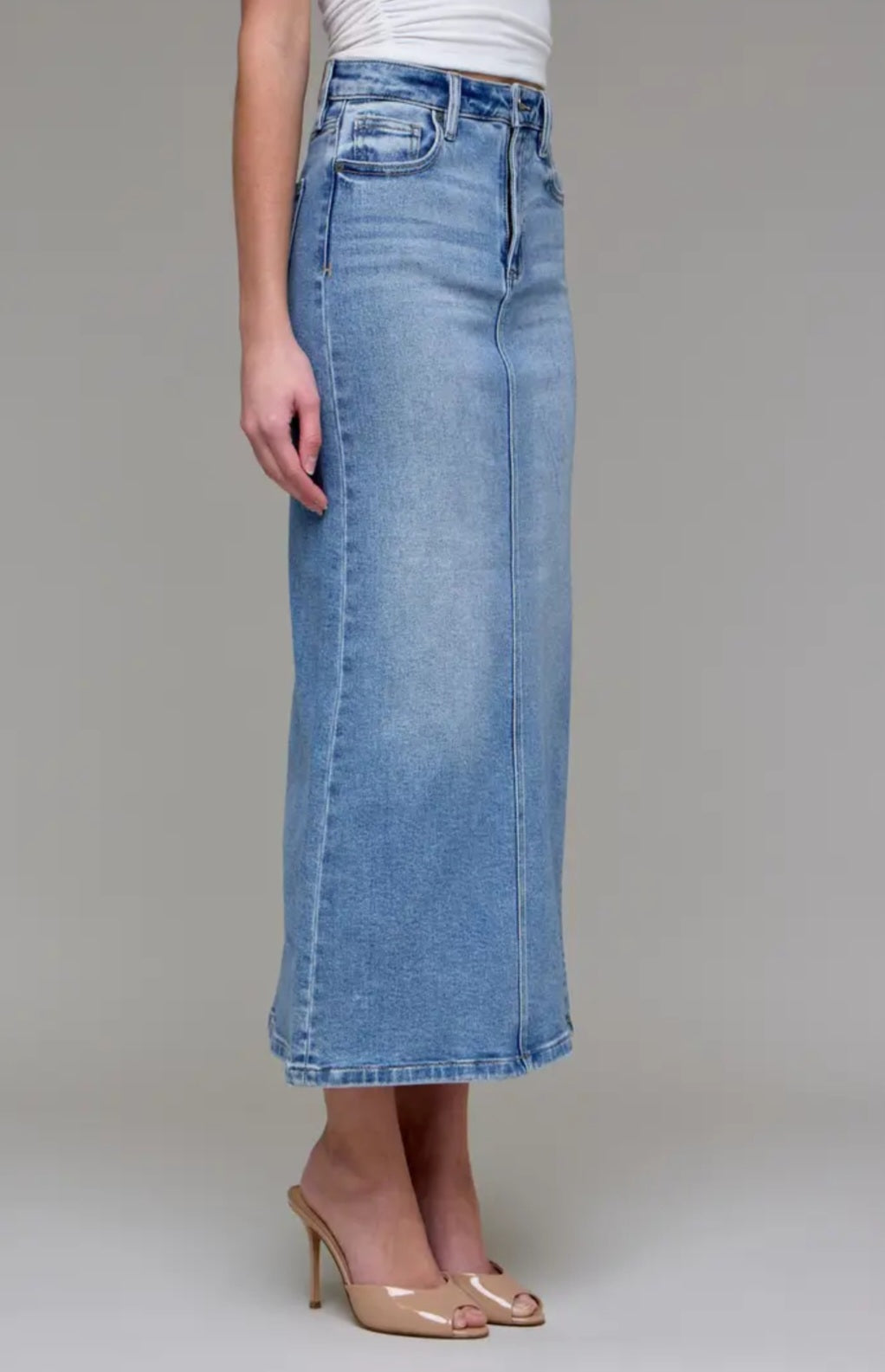 Hidden Jean Medium Length Side Slit Stretch Midi Skirt