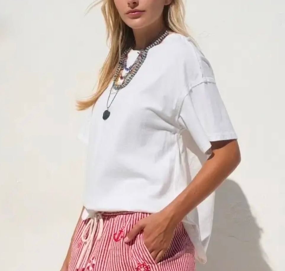 White Relaxed Seam Detail Knit Top