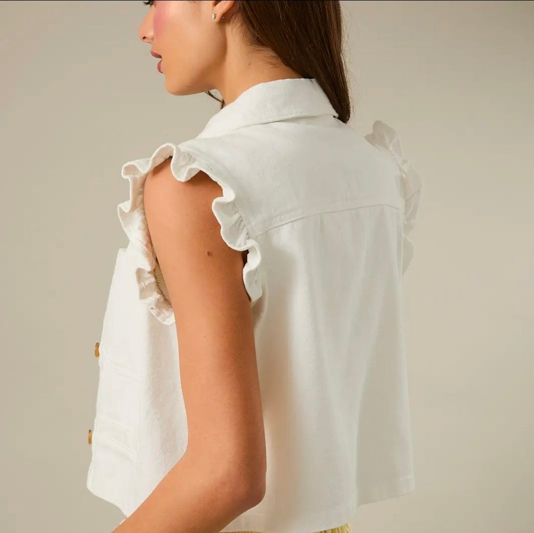 Ruffle Sleeve Button Down Twill Vest