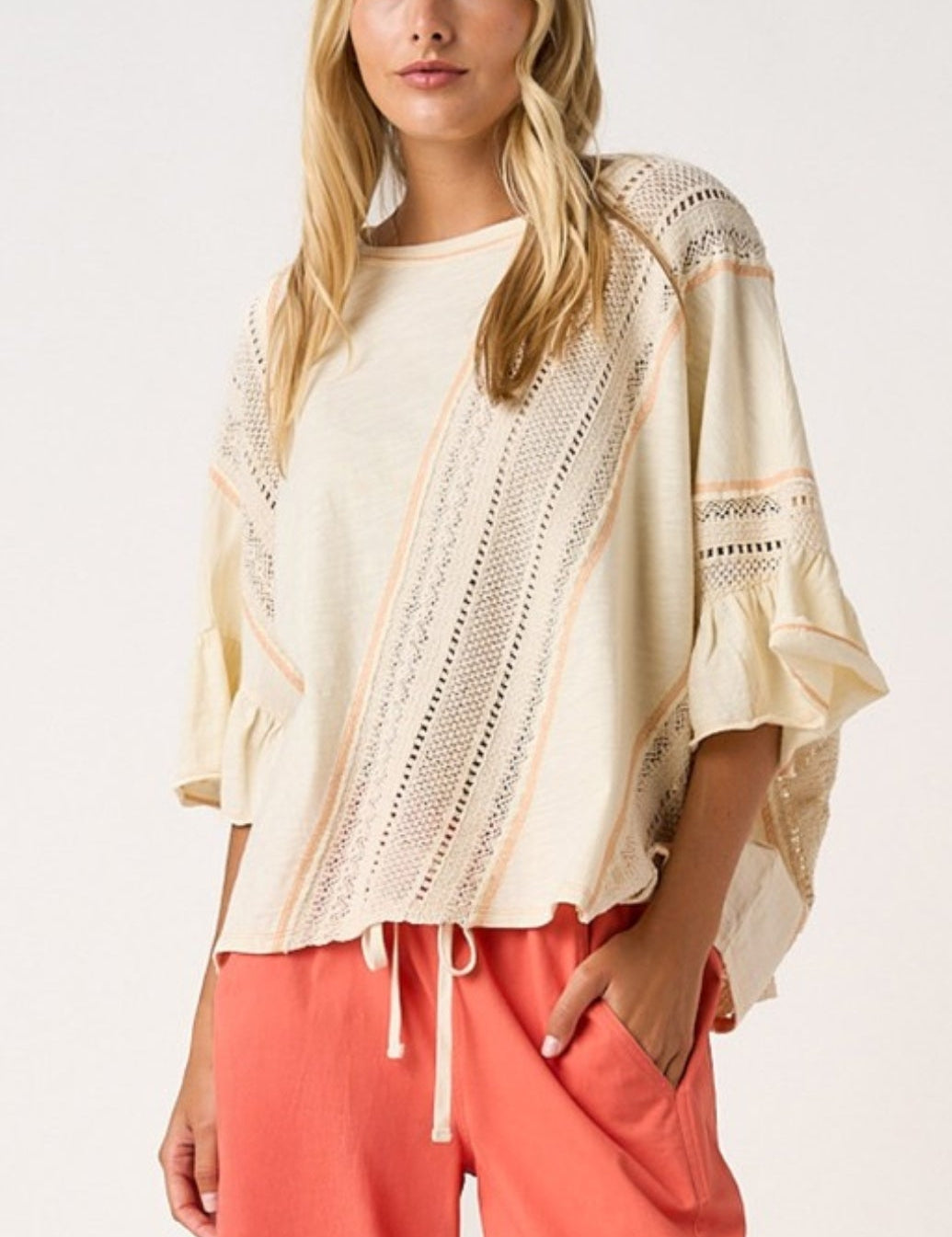 CROCHET CONTRAST STITCH RUFFLE DOLMAN SLEEVE TOP