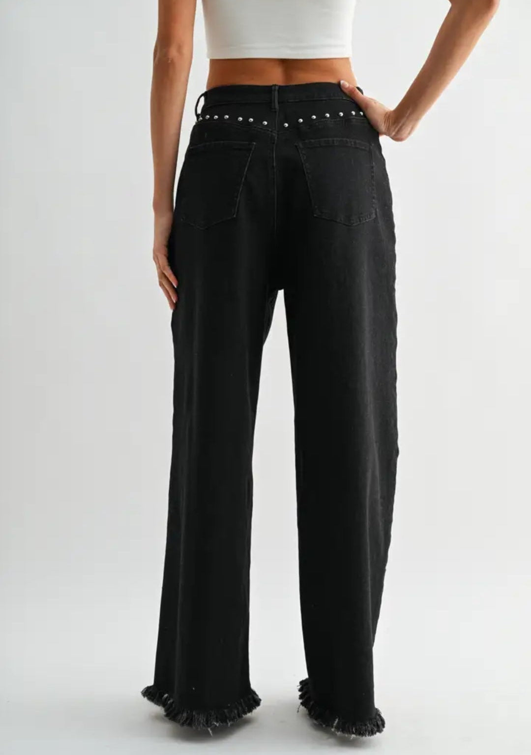 Black Wide-Leg Denim Stud Pants